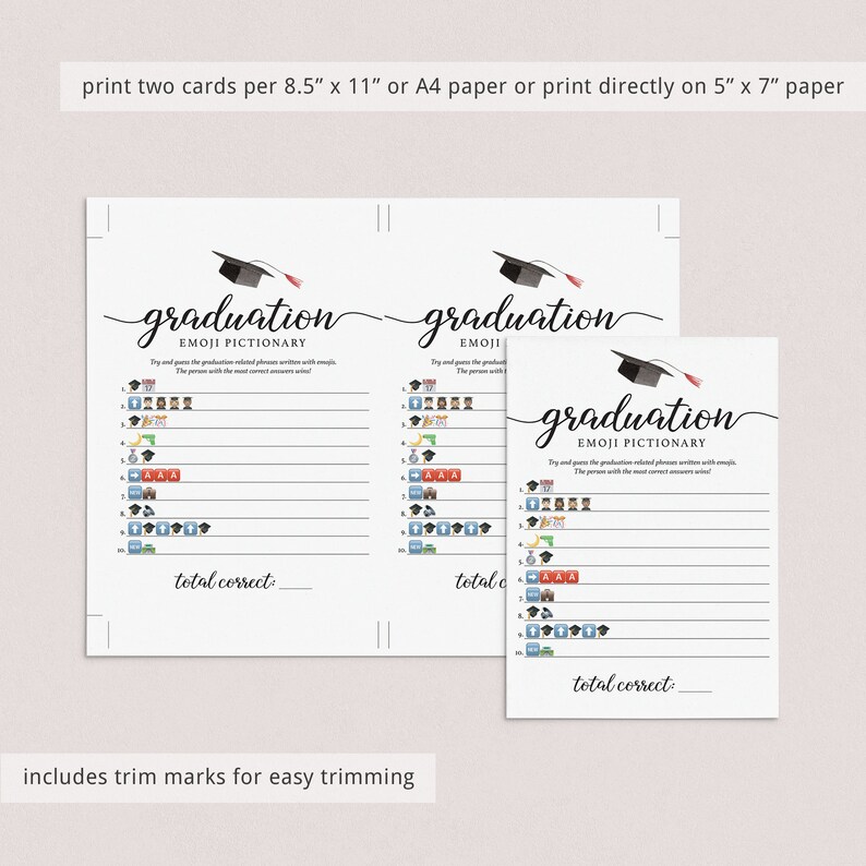 May include: White graduation Emoji Pictionary game cards with black text and illustrations. The cards feature a graduation cap graphic and instructions to guess graduation-related phrases written with emojis. Includes trim marks for easy trimming.