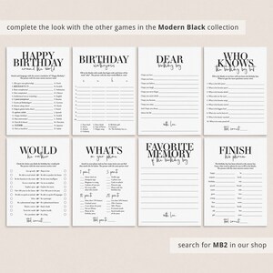 May include: A set of six printable birthday party games with black text on a white background. The games include "Happy Birthday Around the World", "Birthday Categories", "Dear Birthday Boy", "Who Knows the Birthday Boy But", "Would You Rather", "What's on Your Phone", "Favorite Memory of the Birthday Boy", and "Finish This Phrase".