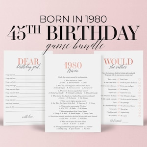45th Birthday Party Games for Woman Born in 1980 Games 45 Years Old Bday Bundle for Her Modern Pink Printable Bday Cards 1980 Trivia MB2