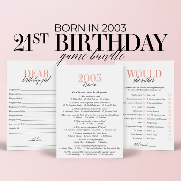 21st Birthday Games Bundle Printable 2003 Birthday Party Games For Her Born in 2003 Trivia Would She Rather 21st Birthday Dinner Ideas MB2