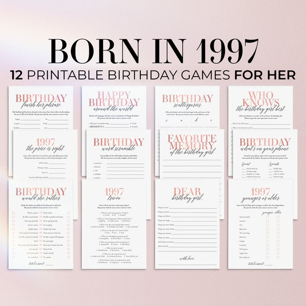 27th Birthday Games for Women Born in 1997 Birthday Party Games Woman Blush Birthday Games for Her Modern 27 Birthday Trivia Rose Gold MB2