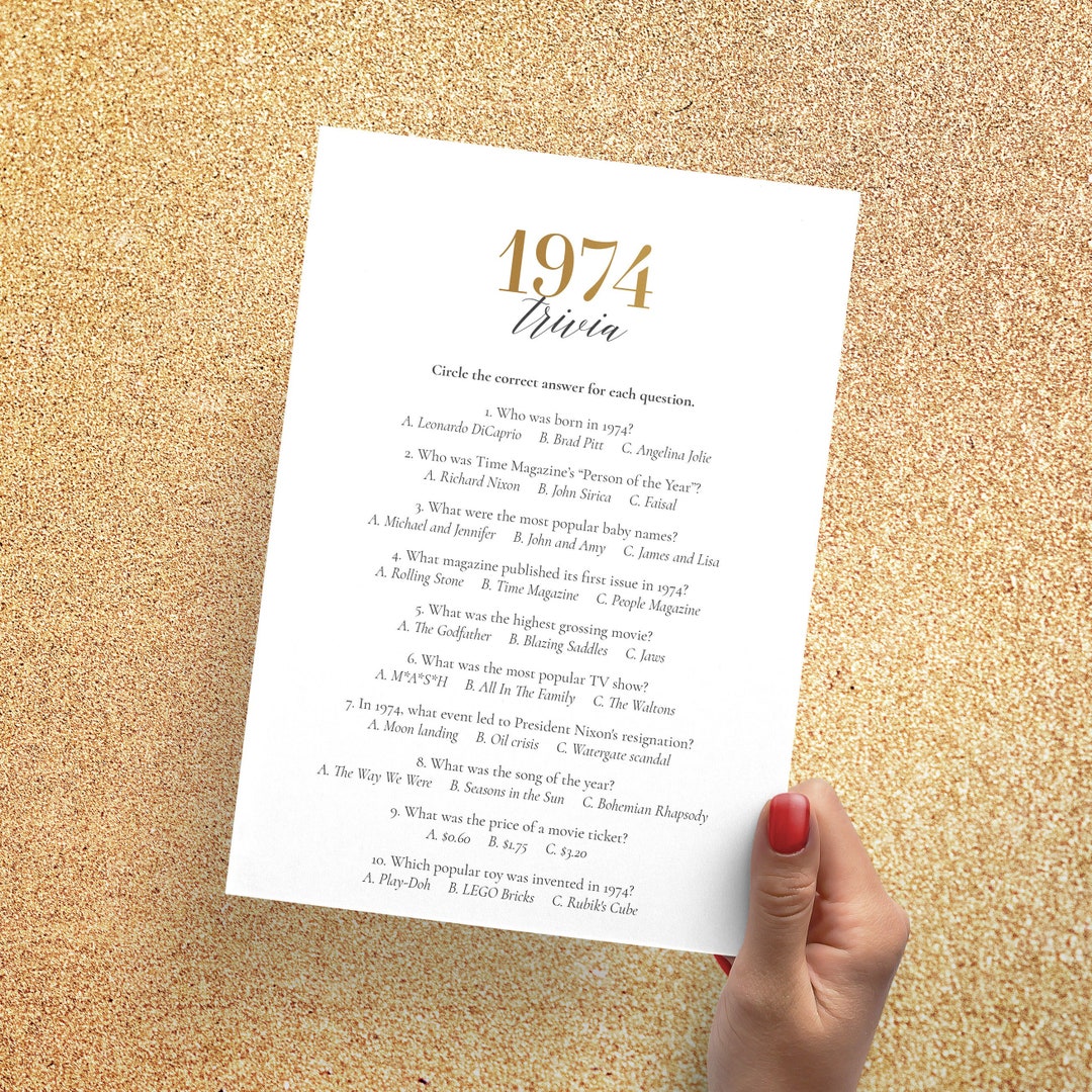 1974 Trivia Quiz Printable Gold 50th Birthday Game Born in 1974 Over ...