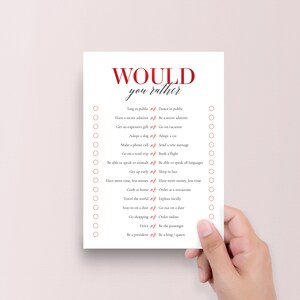 Peut inclure: Une carte de jeu imprimable "Would You Rather" avec 16 questions en texte rouge sur fond blanc. Les questions sont pr&eacute;sent&eacute;es par paires avec un cercle &agrave; c&ocirc;t&eacute; de chaque option.