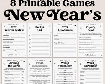 May include: A set of eight printable New Year's games on white paper with black text. The collection includes Year in Review, Bucket List, Resolutions, Family Feud, Around the World, Trivia, Would You Rather, and Word Scramble activity sheets.