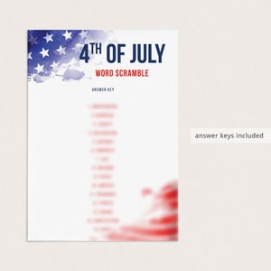 以下が含まれることがあります： 青と赤の水彩デザインの白い紙。テキストは「4th of July Word Scramble」とネイビーブルーと赤で書かれています。「Answer Key」の文字も表示されています。「answer keys included」というフレーズが隅にあります。