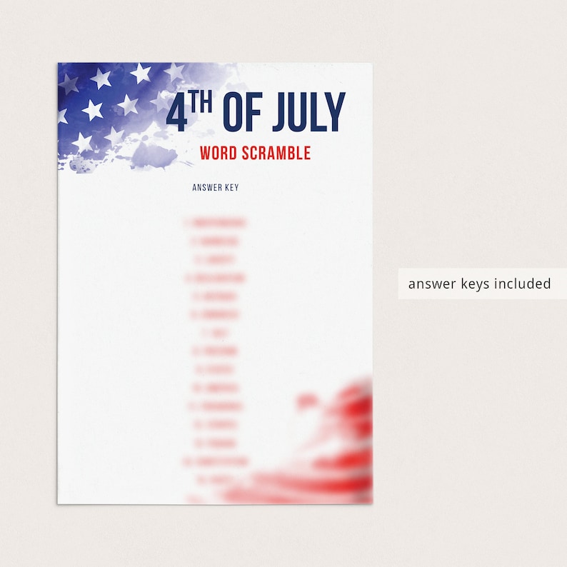 以下が含まれることがあります： 青と赤の水彩デザインの白い紙。テキストは「4th of July Word Scramble」とネイビーブルーと赤で書かれています。「Answer Key」の文字も表示されています。「answer keys included」というフレーズが隅にあります。