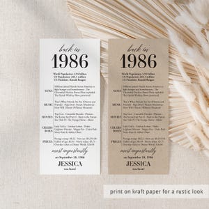 May include: Two rectangular cards printed on kraft paper, featuring the text "back in 1986" in large font. The cards list news, music, movies, celebrities born, and prices from 1986, with the name "JESSICA" highlighted.