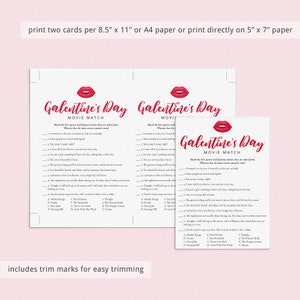 May include: Printable Galentine's Day game with a red lip design. The game asks players to match movie quotes with the movie they are from. The game includes quotes from movies like "The Notebook", "Twilight", "The Princess Bride", "Gone With The Wind", and "Love Actually".