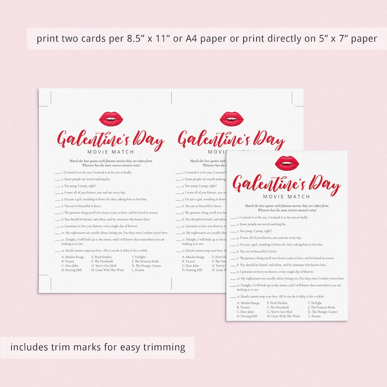 May include: Printable Galentine's Day game with a red lip design. The game asks players to match movie quotes with the movie they are from. The game includes quotes from movies like "The Notebook", "Twilight", "The Princess Bride", "Gone With The Wind", and "Love Actually".