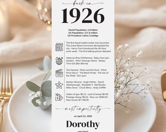 100th Birthday Decor, Back in 1926 Cards, Printable (Digital Download)