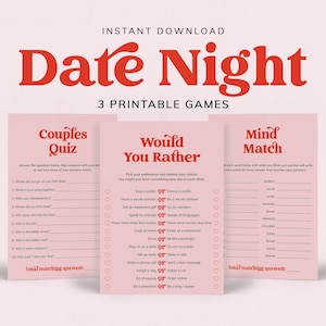 Może przedstawiać: Zestaw gier Date Night do druku z trzema grami: Couples Quiz, Would You Rather i Mind Match. Tytuł "Date Night" jest w dużym, czerwonym, stylizowanym tekście. Każda karta gry ma różowe tła i czarny tekst z ikonami serca.