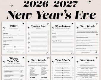 May include: A set of eight printable New Year's Eve games for 2026-2027, featuring black text on white paper. The collection includes a year in review, bucket list, resolutions, family feud, trivia, and interactive party activities with star icons.