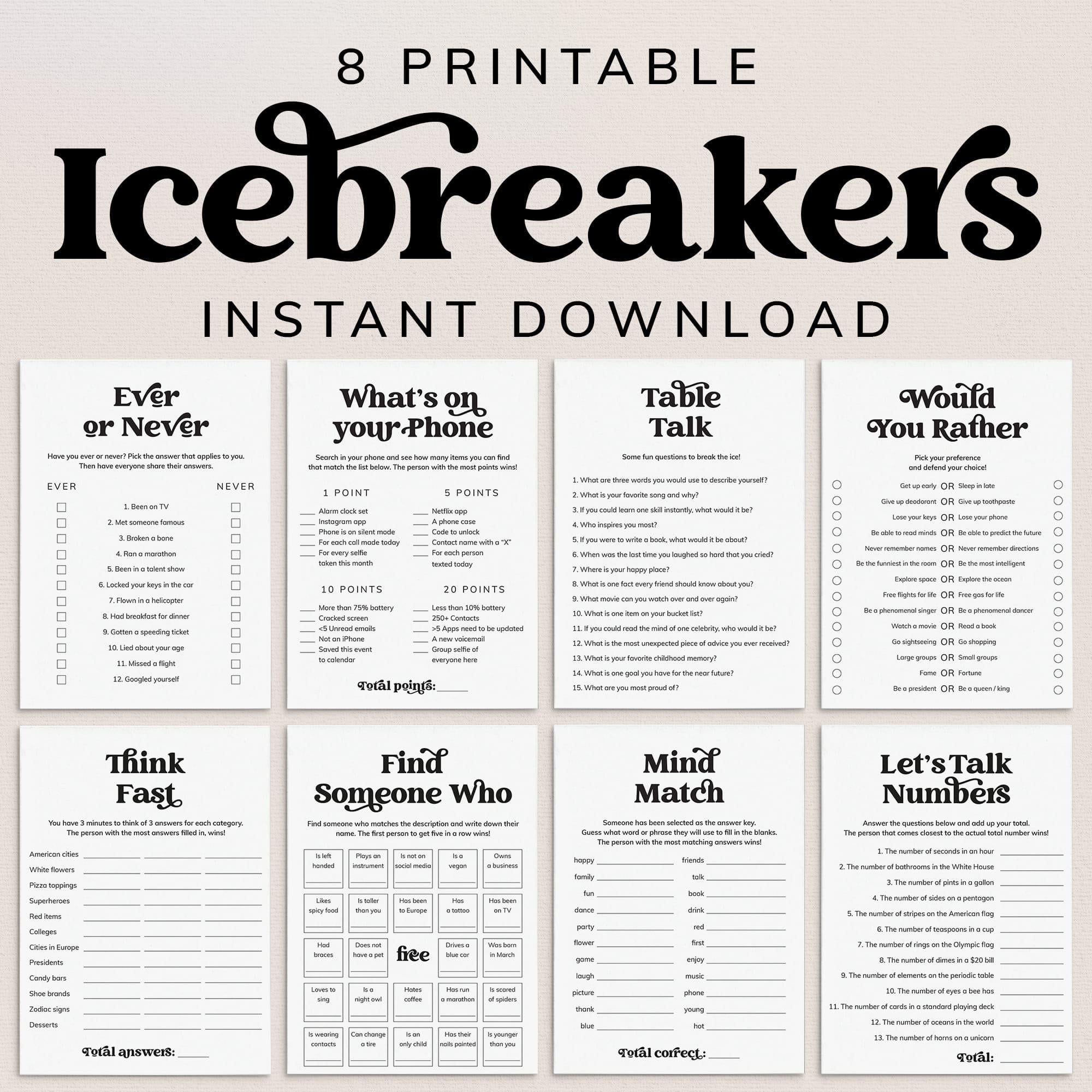 Icebreaker Games Printable Conversation Starters Icebreaker Bingo Get To Know You Games Games for Group Get Together Party Mingle Games MV1