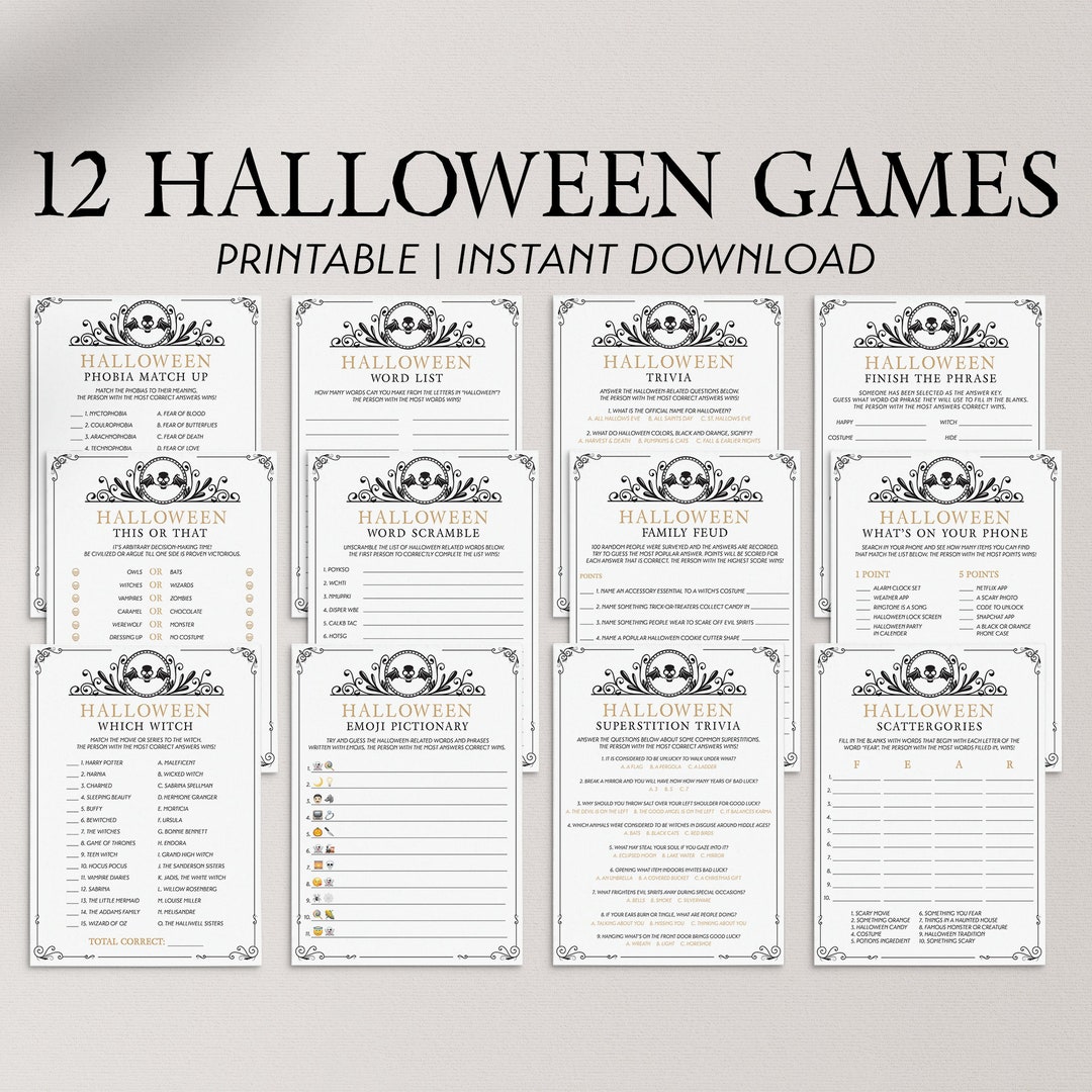 Vintage Halloween Games Printable Gold and Black Halloween Theme Party Games Bundle Instant
