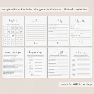 Może przedstawiać: Zestaw drukowanych gier na baby shower w minimalistycznym stylu. Gry obejmują baby bingo, porady dla przyszłej mamy, drogi maluszku, przewidywania dla dziecka, quiz o rymowankach, cenę jest dobra, kto zna mamę najlepiej i grę w rozsypane słowa dla dziecka.