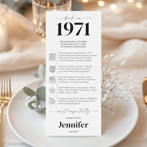 May include: A white card with the text "back in 1971" at the top, listing facts from that year, including the world population, US president, and cultural events. The card is personalized with the name "Jennifer".