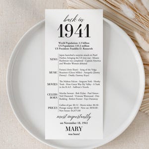 Puede incluir: Una tarjeta blanca con texto negro, que enumera hechos de 1941, incluidos eventos mundiales, música, películas y nacimientos de celebridades. La tarjeta está sobre un plato blanco, con el texto "back in 1941" en la parte superior y "MARY was born!" en la parte inferior.