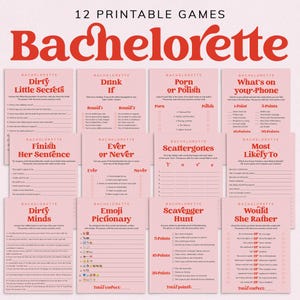 May include: A set of 12 printable Bachelorette party games on pink cards. Games include "Dirty Little Secrets", "Drink If", "Porn or Polish", "What's on your Phone", "Finish Her Sentence", "Ever or Never", "Scattergories", and more.