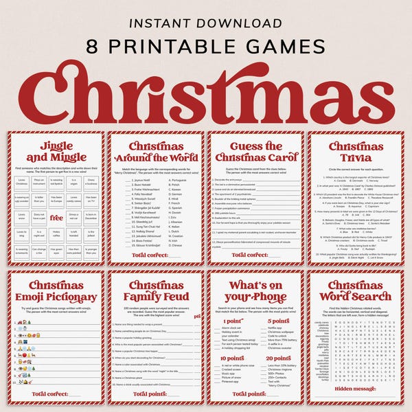 Könnte beinhalten: Ein Set mit acht druckbaren Weihnachtsspielen, darunter Quiz, Wortsuche und Emoji-Pictionary, in Rot und Weiß. Das Wort „Weihnachten“ ist in einer großen, dekorativen Schriftart oben im Bild zu sehen.