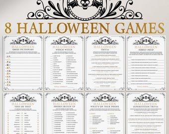 Vintage Halloween Games Bundle Black Halloween Theme Party Games Instant Download Halloween Party Games Play At Home Adult Games Skull VS1