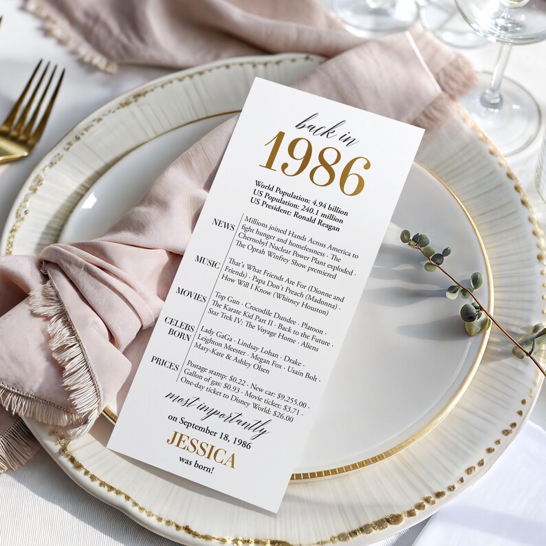 May include: A white card with gold text, commemorating 1986, rests on a plate with a gold rim. The card lists world events, music, movies, and prices from that year, with the name "JESSICA" highlighted.