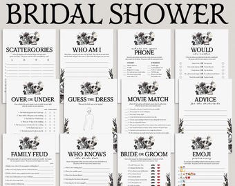 Bride or Die Bridal Shower Games Bundle Printable Til Death Party Games Gothic Black Floral Skull Bridal Games Goth Bridal Family Feud FS1