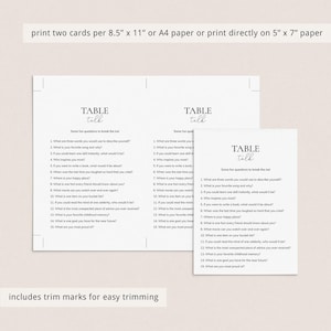 May include: Two printable cards with a list of conversation starter questions for table talk. The cards are white with black text and the title "TABLE talk" at the top. The text on the cards reads "Some fun questions to break the ice!" followed by a list of 15 questions.