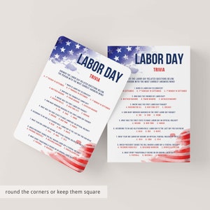 May include: Two Labor Day trivia game cards featuring a watercolor American flag design at the top and bottom. The cards display the text Labor Day Trivia followed by eight multiple-choice questions in blue and red ink on a white background.