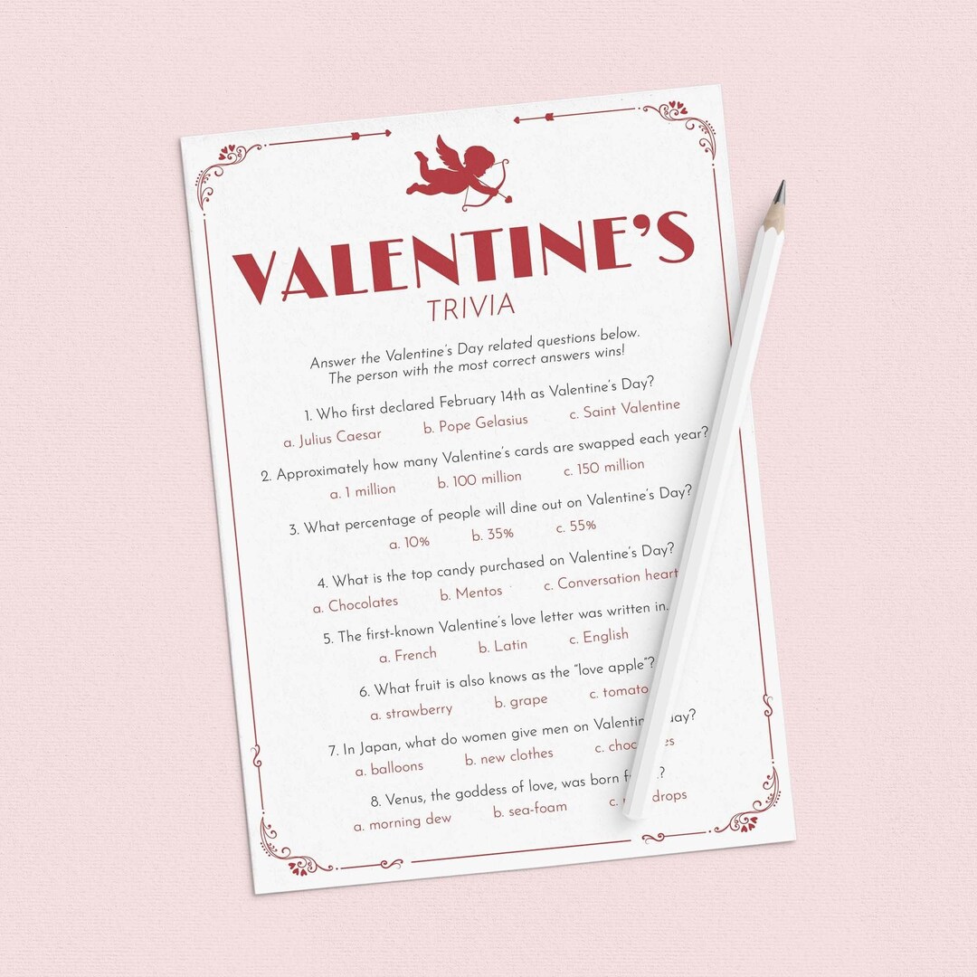 Valentine Trivia Game Printable Valentine Day Quiz for Kids and Adult