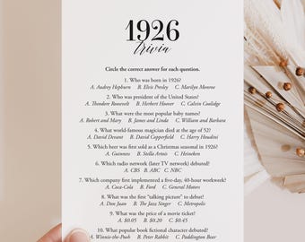 1926 Trivia Printable 100th Birthday Party Game Back to the 20s Party Born in 1926 Quiz 100th Birthday Ideas 100 Years Old Back in 1926 MB2