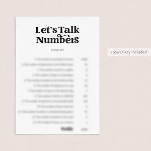 May include: A white paper with the text "Let's Talk Numbers" in a bold, black font. Below the title is the text "Answer key". The right side of the paper has the text "answer key included". The paper contains a list of questions.