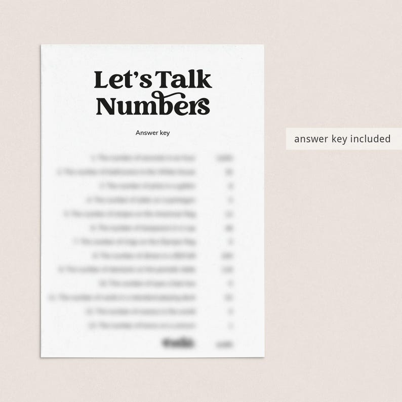 May include: A white paper with the text "Let's Talk Numbers" in a bold, black font. Below the title is the text "Answer key". The right side of the paper has the text "answer key included". The paper contains a list of questions.