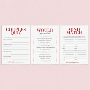 Peut inclure: Trois cartes de jeu imprimables pour les couples. La premi&egrave;re carte est intitul&eacute;e "Couples Quiz" et comporte 10 questions sur la relation d'un couple. La deuxi&egrave;me carte est intitul&eacute;e "Would You Rather" et comporte 12 questions sur les pr&eacute;f&eacute;rences. La troisi&egrave;me carte est intitul&eacute;e "Mind Match" et comporte une liste de mots &agrave; faire correspondre avec votre partenaire.