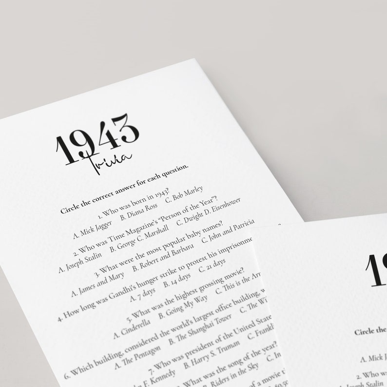 1943 Trivia Printable 80th Birthday Game Born in 1943 Quiz 80 - Etsy