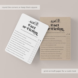 May include: A printable game card with the title "Fact or Fiction" and a list of book-related statements. Players must guess if the statements are true or false. The card is designed to be printed on kraft paper for a rustic look.