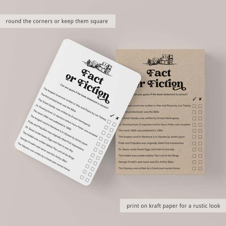 May include: A printable game card with the title "Fact or Fiction" and a list of book-related statements. Players must guess if the statements are true or false. The card is designed to be printed on kraft paper for a rustic look.
