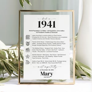 Puede incluir: Un marco dorado que contiene una impresión con el texto "back in 1941" y datos históricos. La impresión incluye información sobre la población mundial, la población estadounidense y el presidente de los Estados Unidos. También enumera eventos, canciones y personas notables de 1941.