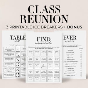 May include: Three printable icebreaker games for a class reunion. The first game is called "Table Talk" and uses a dice to choose a question. The second game is called "Find Someone Who" and has a grid of 25 squares with different descriptions. The third game is called "Ever or Never" and has a list of 15 questions to answer with "ever" or "never".