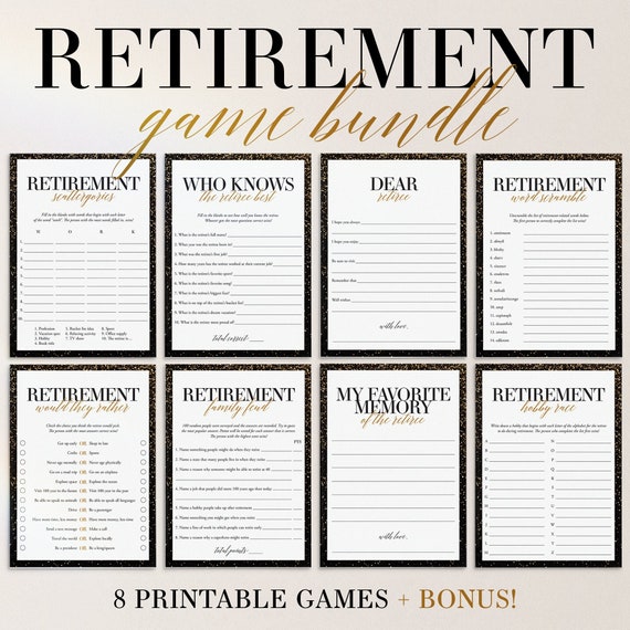 Black and Gold Retirement Party Games for Him and Her Printable Retirement Celebration Sweet Retirement Dinner Game Bundle Retiree Games GG3