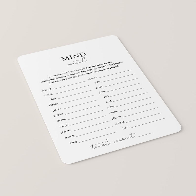 May include: A printable mind match game with a white background and black text. The game includes a list of words and phrases to match with the corresponding answers. The game is titled "MIND match".