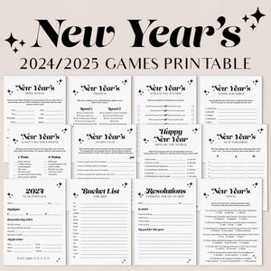 Retro New Year's Party Games Printable Black and White Minimalist New Years Games Groovy NYE Printables Simple New Year Resolution Cards GP1