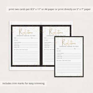 May include: A printable resolution card template featuring the text Resolutions LOOKING AHEAD TO 2027 with gold confetti accents on a black border. The card includes lines for name, age, and goals. The layout shows two cards per 8.5 inch by 11 inch sheet.