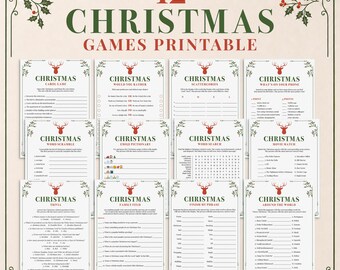 May include: A set of 12 printable Christmas game sheets featuring red reindeer icons, green holly accents, and black text. The collection includes titles like Christmas Carol Game, Would You Rather, Scattergories, and Word Scramble on white paper.