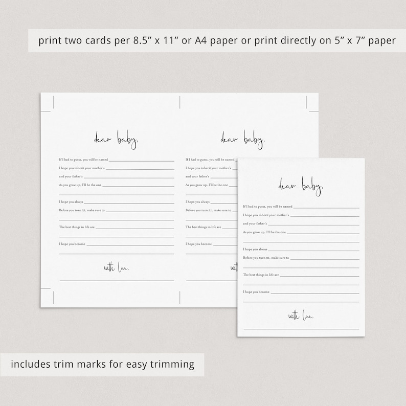 K&ouml;nnte beinhalten: Druckbarer Brief an ein Baby mit Zeilen zum Schreiben. Der Brief lautet "Liebes Baby" und "Mit Liebe". Der Druckbare ist so konzipiert, dass er auf Papier im Format 8,5 x 11 Zoll oder A4 gedruckt und auf eine Karte im Format 5 x 7 Zoll zugeschnitten werden kann.