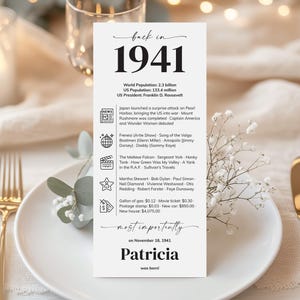 Puede incluir: Una tarjeta blanca con texto negro que dice "back in 1941" y "Patricia was born!" con datos sobre el año. La tarjeta está sobre un plato blanco con cubiertos dorados y flores.
