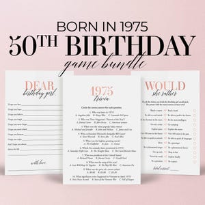 50th Birthday Party Games for Woman Born in 1975 Games 50 Years Old Bday Bundle for Her Modern Pink Printable Bday Cards 1975 Trivia MB2