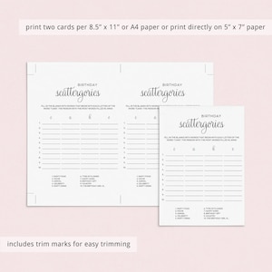 Puede incluir: Cartas de juego de cumplea&ntilde;os imprimibles con el t&iacute;tulo "Scattergories" e instrucciones para rellenar los espacios en blanco con palabras que comiencen con cada letra de la palabra "cake". La persona con m&aacute;s palabras rellenas gana.