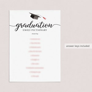 May include: A white graduation party game sheet with the word "graduation" in elegant script, a mortarboard illustration, and the text "Emoji Pictionary." The phrase "answer keys included" is also visible.