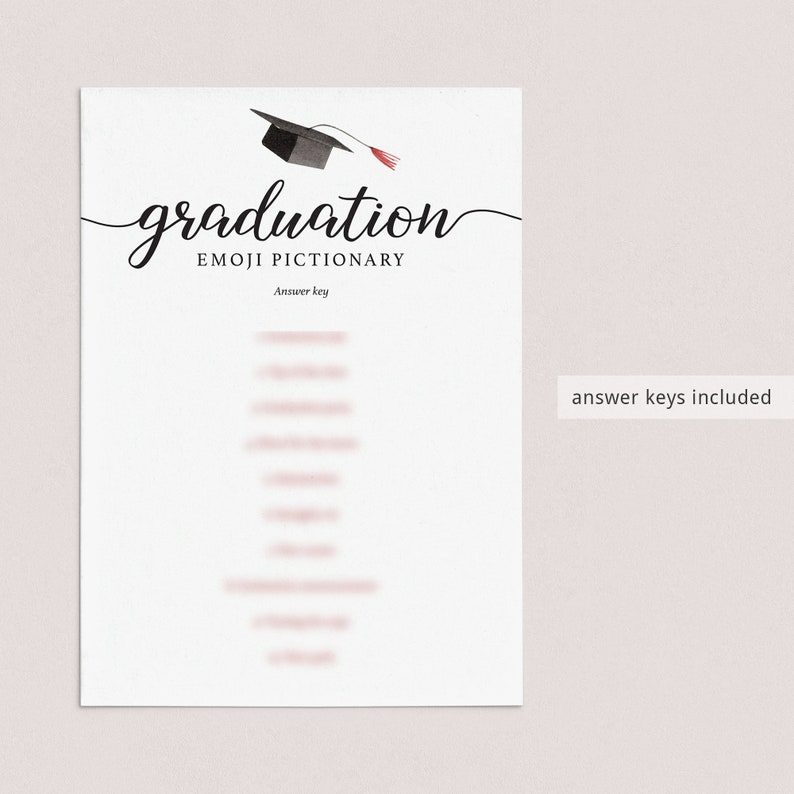 May include: A white graduation party game sheet with the word "graduation" in elegant script, a mortarboard illustration, and the text "Emoji Pictionary." The phrase "answer keys included" is also visible.