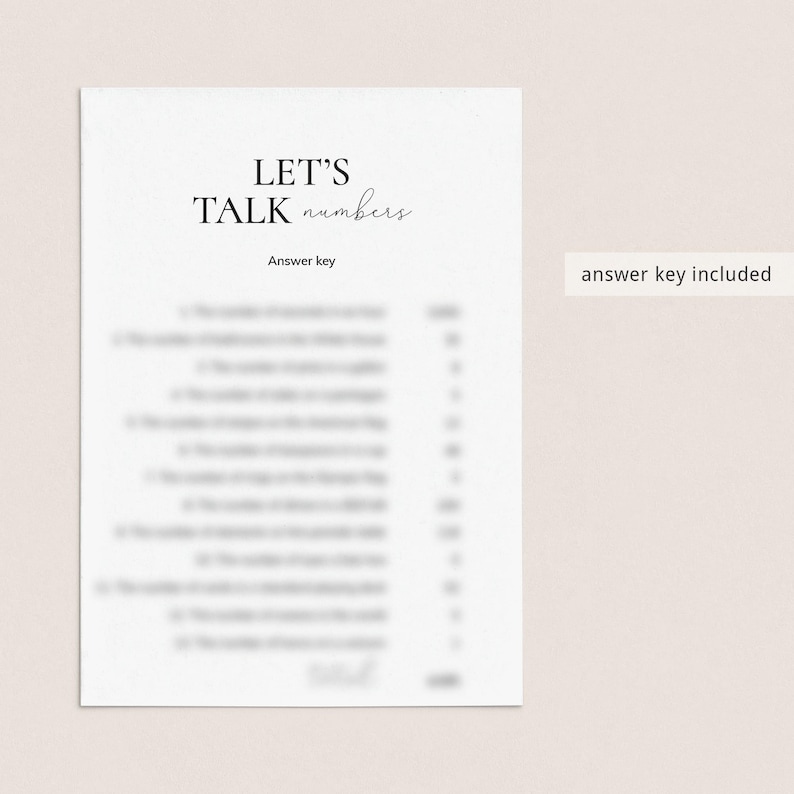 May include: A printable worksheet with the text "Let's Talk Numbers" and "Answer Key" on a white background. The worksheet is blurred, but the text is clear.